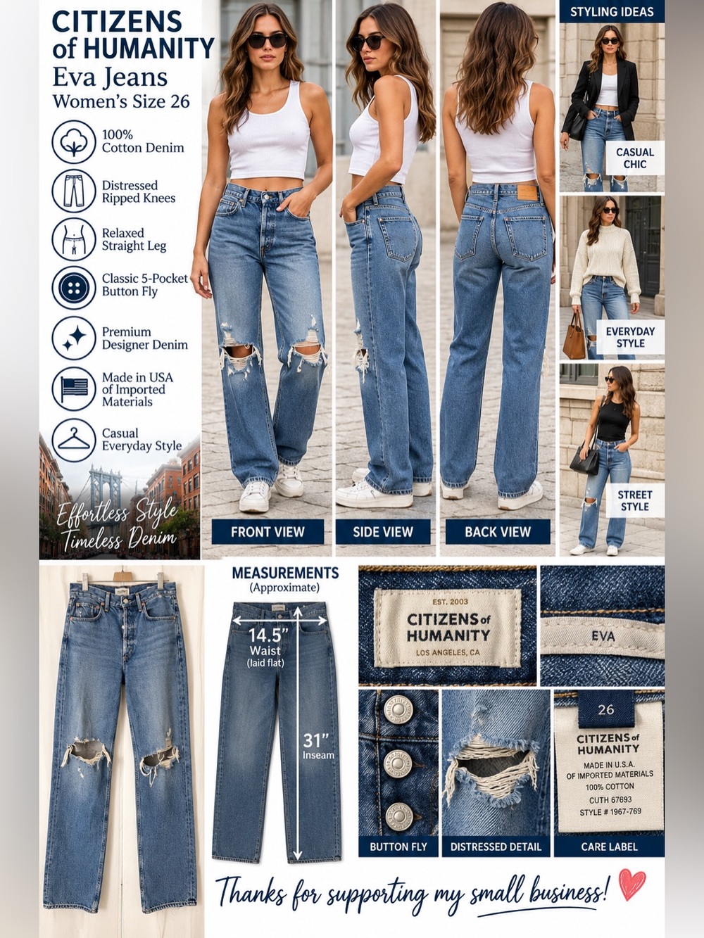 Citizens of Humanity Eva Jeans Women’s 26 Distressed Ripped Knee Straight Blue D